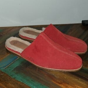 UGG Red Suede Shearling-Trim Slip-On Mules